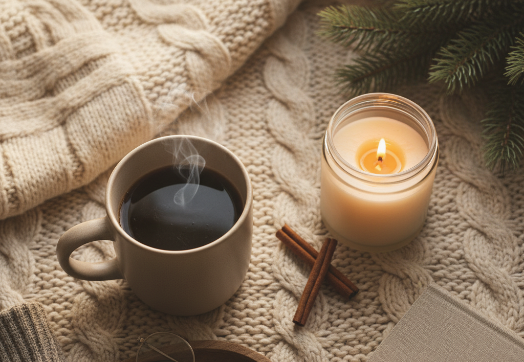 Cup of coffee, lit candle, glasses, and book on a textured surface with a sweater and tree branch.